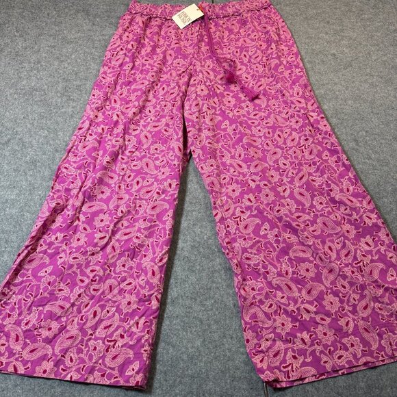 Knox Rose Pants Womens Large Pink Magenta Floral Relaxed Fit Wide Leg Pull On - Picture 1 of 7